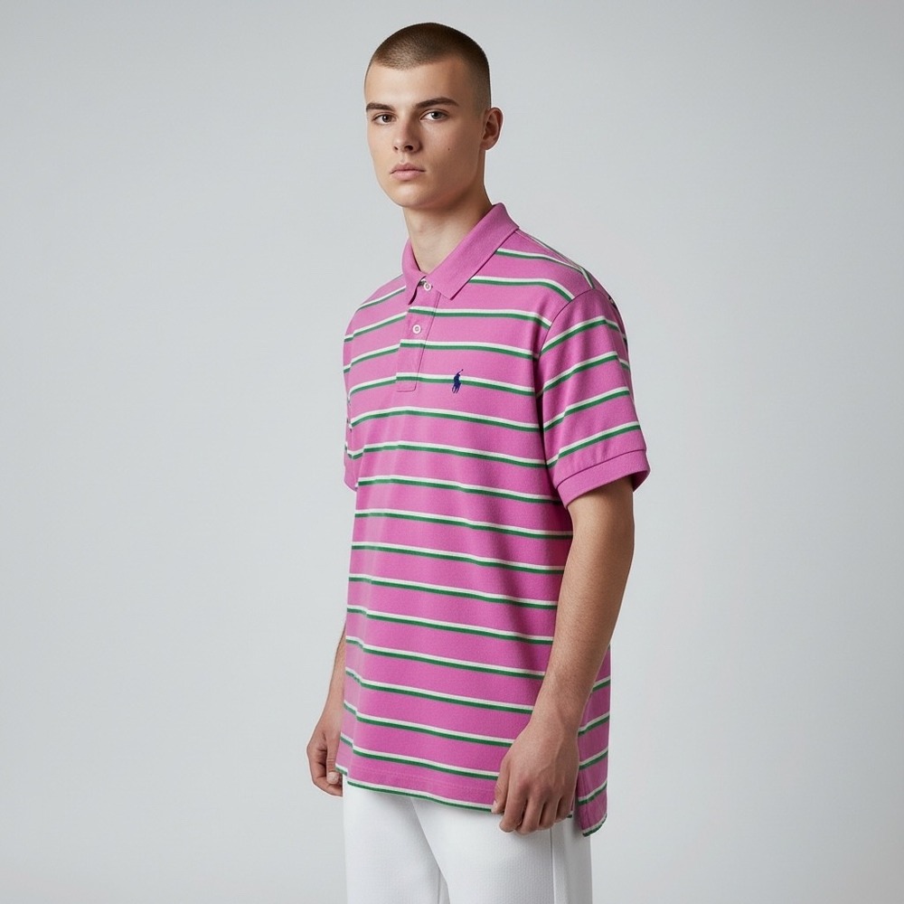 Polo Ralph Lauren Striped Polo Shirt Mens Medium Pink Green Good Classic‎ Fit